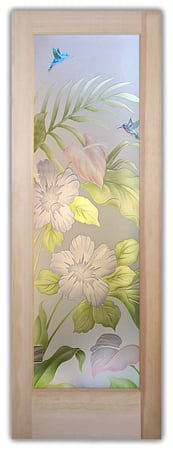 Pantry Door featuring a Frosted Glass Tropical Design Sandblast Etched Glass Hibiscus Anthurium Design by Sans Soucie