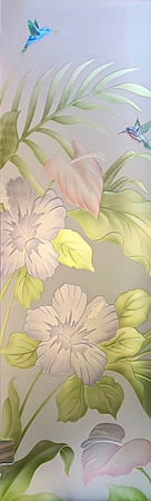 Door Glass Insert featuring a Frosted Glass Tropical Design Sandblast Etched Glass Hibiscus Anthurium Design by Sans Soucie