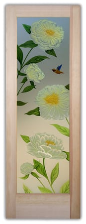 Pantry Door showcasing a Frosted Glass Floral Design with Sandblast Etched Glass Art by Sans Soucie Peonies Design