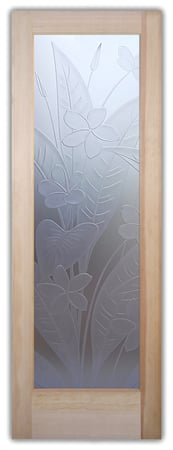 Pantry Door featuring a Frosted Glass Floral Design Sandblast Etched Glass Plumeria Design by Sans Soucie