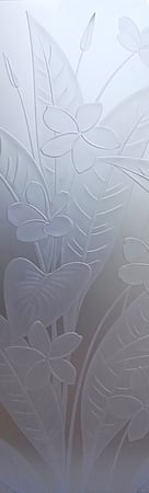 Door Glass Insert featuring a Frosted Glass Floral Design Sandblast Etched Glass Plumeria Design by Sans Soucie