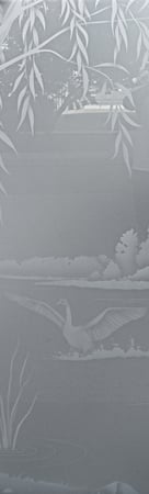 Door Glass Insert featuring a Frosted Glass Wildlife Design Sandblast Etched Glass Swans on the Lake Design by Sans Soucie