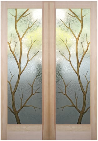 Front Door with a sandblast Frosted Glass Trees Design Custom-Designed Decorative Etched Glass
