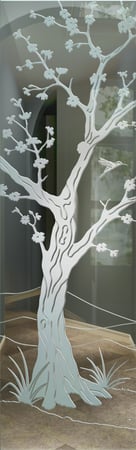 Door Glass Insert featuring Frosted Glass Design Etched Glass by Sans Soucie Art Glass with Custom Asian Design Cherry Blossom III