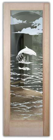 Front Door featuring Frosted Glass Design Etched Glass by Sans Soucie Art Glass with Custom Oceanic Design Dolphins in the Shimmer