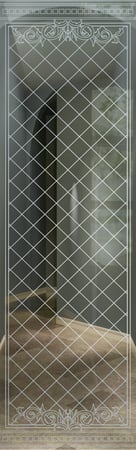 Door Glass Insert featuring a Frosted Glass Traditional Design Sandblast Etched Glass Filigree Lattice Design by Sans Soucie