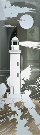 Door Glass Insert featuring Frosted Glass Design Etched Glass by Sans Soucie Art Glass with Custom Oceanic Design Lighthouse Beaming