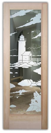 Front Door showcasing a Frosted Glass Oceanic Design with Sandblast Etched Glass Art by Sans Soucie Lighthouse Distant Design