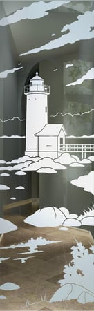 Door Glass Insert showcasing a Frosted Glass Oceanic Design with Sandblast Etched Glass Art by Sans Soucie Lighthouse Distant Design