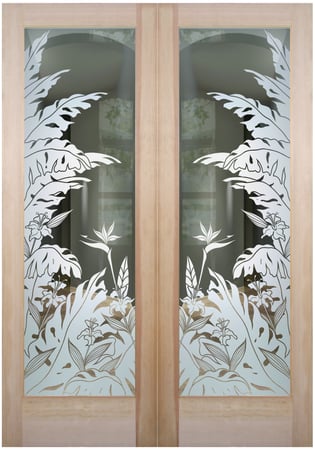 Front Door with a sandblast Frosted Glass Tropical Design Custom-Designed Decorative Etched Glass