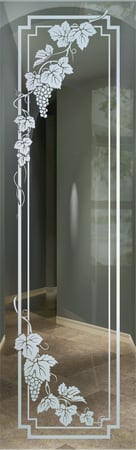 Interior Glass Insert featuring a Frosted Glass Grapes & Ivy Design Sandblast Etched Glass Vineyard Grapes Cascade Pair Design by Sans Soucie