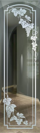 Interior Glass Insert featuring a Frosted Glass Grapes & Ivy Design Sandblast Etched Glass Vineyard Grapes Cascade Arched stepped corners Design by Sans Soucie