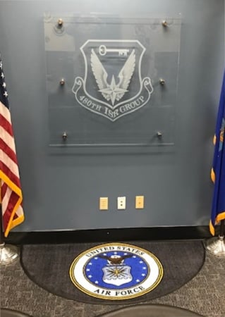 Glass Sign featuring a Frosted Glass Logos Design Sandblast Etched Glass 480th ISR Group (similar look) Design by Sans Soucie
