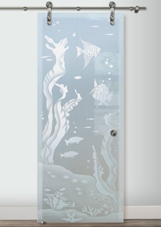 Glass Barn Door featuring a Frosted Glass Oceanic Design Sandblast Etched Glass Aquarium Fish Design by Sans Soucie