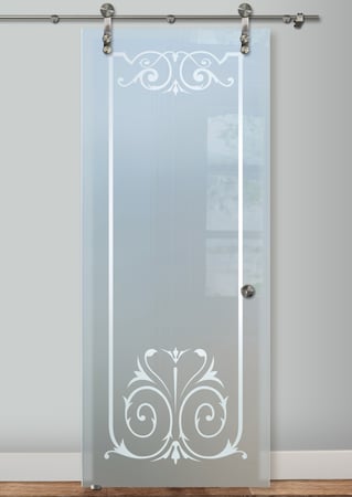 Glass Barn Door featuring a Frosted Glass Traditional Design Sandblast Etched Glass Elegant Design by Sans Soucie