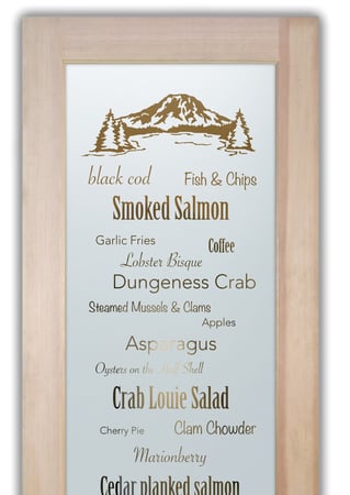 Bathroom Door showcasing a Frosted Glass Sayings Design with Sandblast Etched Glass Art by Sans Soucie Pacific Northwest Design
