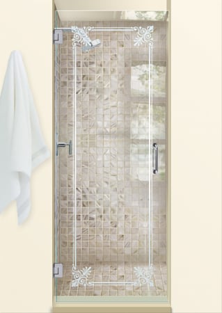 Shower Door featuring a Frosted Glass Traditional Design Sandblast Etched Glass Rochelle Design by Sans Soucie