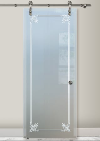 Glass Barn Door featuring a Frosted Glass Traditional Design Sandblast Etched Glass Rochelle Design by Sans Soucie