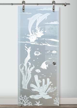 Glass Barn Door featuring Frosted Glass Design Etched Glass by Sans Soucie Art Glass with Custom Oceanic Design Aquarium Dolphins