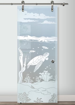 Glass Barn Door with Frosted Glass Oceanic Aquarium Sea Turtle Design by Sans Soucie