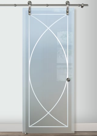 Glass Barn Door showcasing a Frosted Glass Geometric Design with Sandblast Etched Glass Art by Sans Soucie Arcs Design