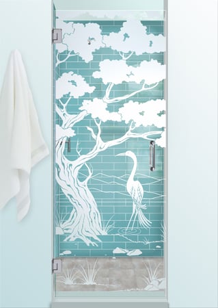Shower Door showcasing a Frosted Glass Asian Design with Sandblast Etched Glass Art by Sans Soucie Bonsai Egret Design