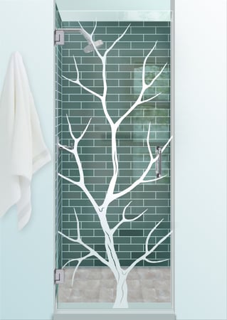 Shower Door with a Frosted Glass Branch Out Trees Design for Semi-Private by Sans Soucie Art Glass