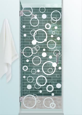 Shower Door showcasing a Frosted Glass Geometric Design with Sandblast Etched Glass Art by Sans Soucie Circularity Design