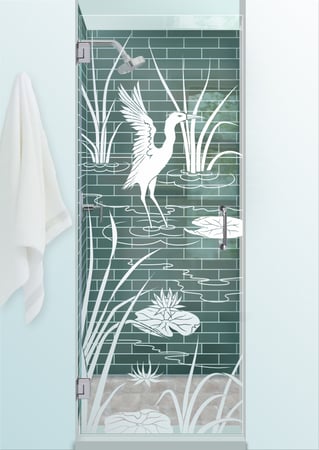 Shower Door showcasing a Frosted Glass Wildlife Design with Sandblast Etched Glass Art by Sans Soucie Cranes A Design