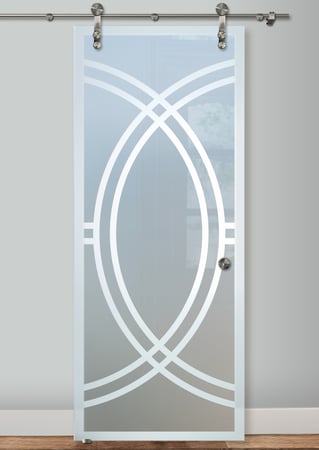 Glass Barn Door with a sandblast Frosted Glass Geometric Design Custom-Designed Decorative Etched Glass