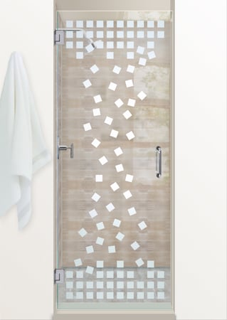 Shower Door showcasing a Frosted Glass Geometric Design with Sandblast Etched Glass Art by Sans Soucie Falling Squares Design
