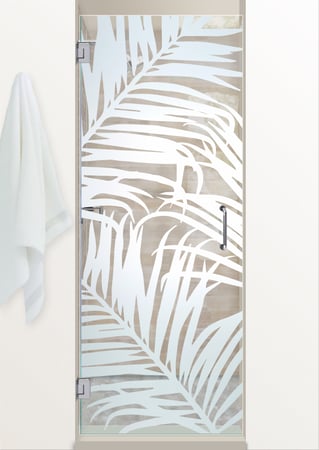 Shower Door featuring a Frosted Glass Tropical Design Sandblast Etched Glass Fern Leaves Design by Sans Soucie