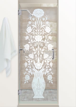 Shower Door with a sandblast Frosted Glass Floral Design Custom-Designed Decorative Etched Glass