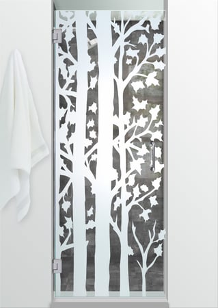 Shower Door showcasing a Frosted Glass Trees Design with Sandblast Etched Glass Art by Sans Soucie Forest Trees Design