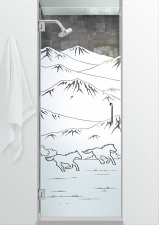 Shower Door featuring a Frosted Glass Western Design Sandblast Etched Glass Galloping in the Vistas Design by Sans Soucie