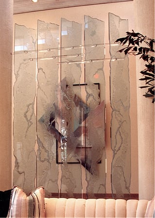 Partition featuring a Frosted Glass Abstract Design Sandblast Etched Glass Glacier Panels Design by Sans Soucie