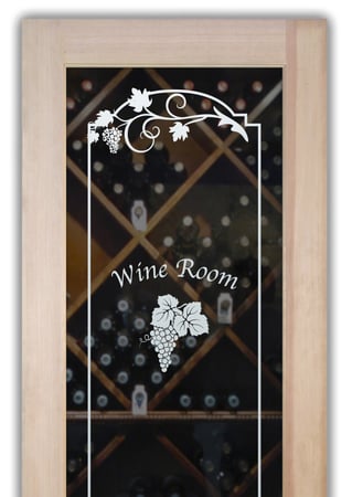 Wine Cellar Door featuring a Frosted Glass Grapes & Ivy Design Sandblast Etched Glass Grape Cluster Grape Ivy with Text Design by Sans Soucie