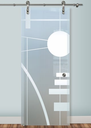 Glass Barn Door featuring Frosted Glass Design Etched Glass by Sans Soucie Art Glass with Custom Geometric Design Interval