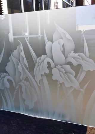 Partition with a Frosted Glass Iris Floral Design for Private by Sans Soucie Art Glass