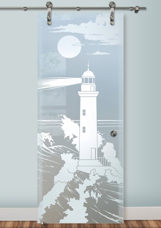 Glass Barn Door featuring Frosted Glass Design Etched Glass by Sans Soucie Art Glass with Custom Oceanic Design Lighthouse Beaming