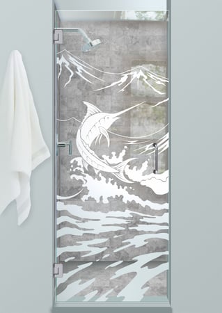 Shower Door with a Frosted Glass Marlin Oceanic Design for Semi-Private by Sans Soucie Art Glass