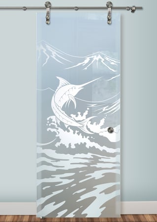 Glass Barn Door with a Frosted Glass Marlin Oceanic Design for Private by Sans Soucie Art Glass