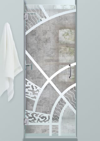 Shower Door with a Frosted Glass Matrix Arcs Geometric Design for Semi-Private by Sans Soucie Art Glass