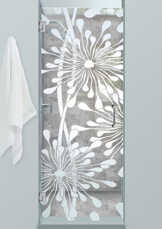 Shower Door featuring a Frosted Glass Geometric Design Sandblast Etched Glass Maypop Design by Sans Soucie