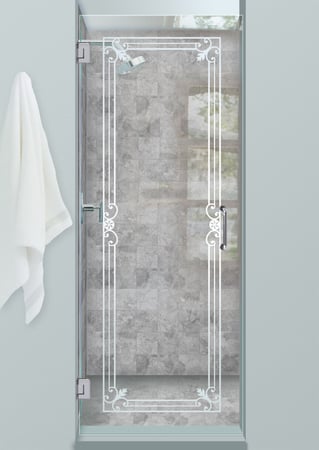Shower Door with a Frosted Glass Miranda Wrought Iron Design for Semi-Private by Sans Soucie Art Glass