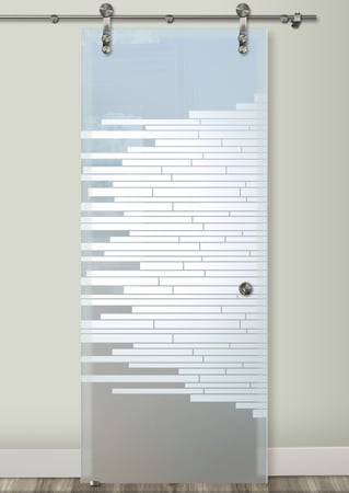 Glass Barn Door featuring Frosted Glass Design Etched Glass by Sans Soucie Art Glass with Custom Geometric Design Mosaics Horizontal