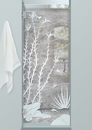 Shower Door showcasing a Frosted Glass Desert Design with Sandblast Etched Glass Art by Sans Soucie Ocotillo Design