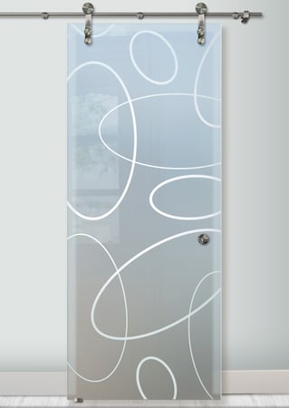 Glass Barn Door featuring Frosted Glass Design Etched Glass by Sans Soucie Art Glass with Custom Geometric Design Ovals Overlap