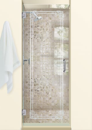 Shower Door featuring a Frosted Glass Borders Design Sandblast Etched Glass Parisian Border Design by Sans Soucie