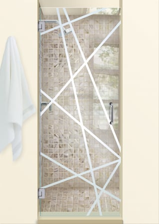 Shower Door featuring Frosted Glass Design Etched Glass by Sans Soucie Art Glass with Custom Geometric Design Pick Up